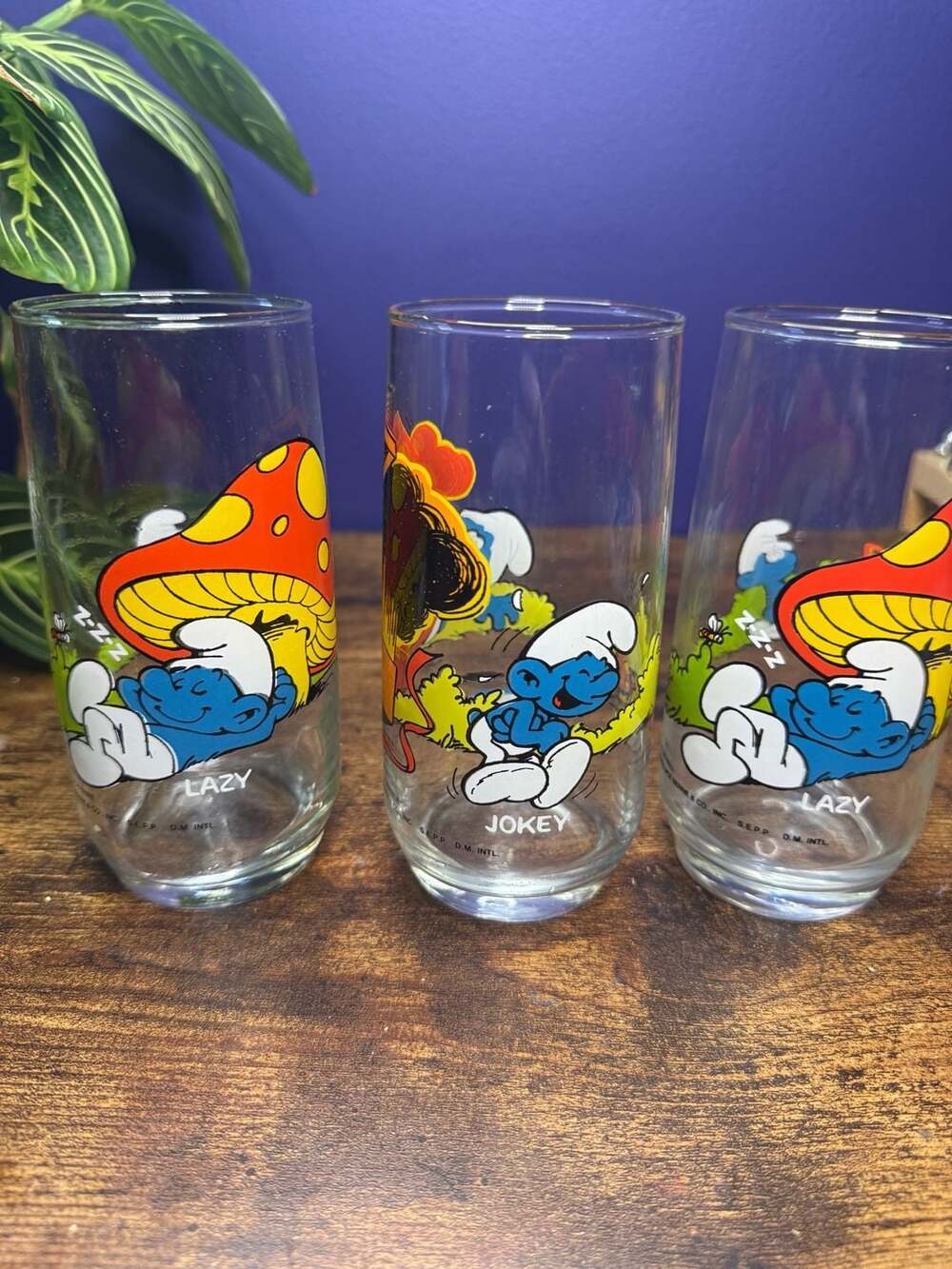 Vintage 1982 Smurf Collector Glasses Lot - Jokey and Lazy Smurfs